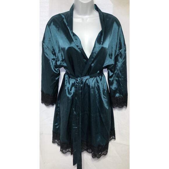 Satin Silky Teal & black Lace Robe & Shorts Set Large Lingerie Nightwear Kimono - Picture 2 of 6